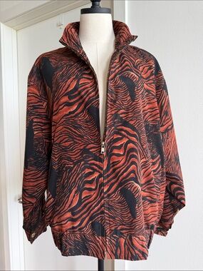 Ladies Golden Shimmer Orangey-Black Tiger 🐅 Print Zip-Up Windbreaker